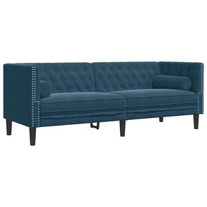 vidaXL Dvivietė chesterfield sofa su pagalvėlėmis, mėlyna, aksomas