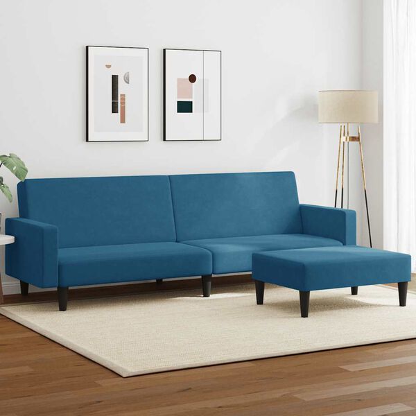 vidaXL Dvivietė sofa-lova su pakoja, mėlynos spalvos, aksomas