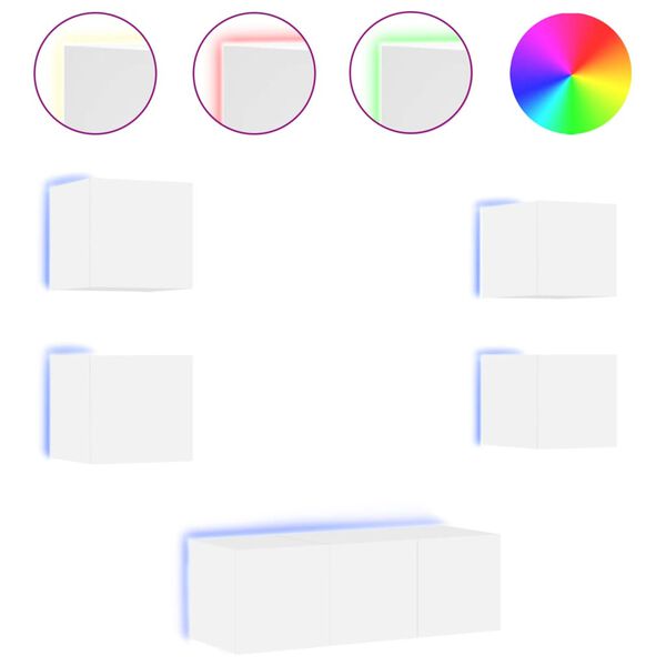 vidaXL Sieninė TV sekcija su LED, 6 dalių, balta, apdirbta mediena