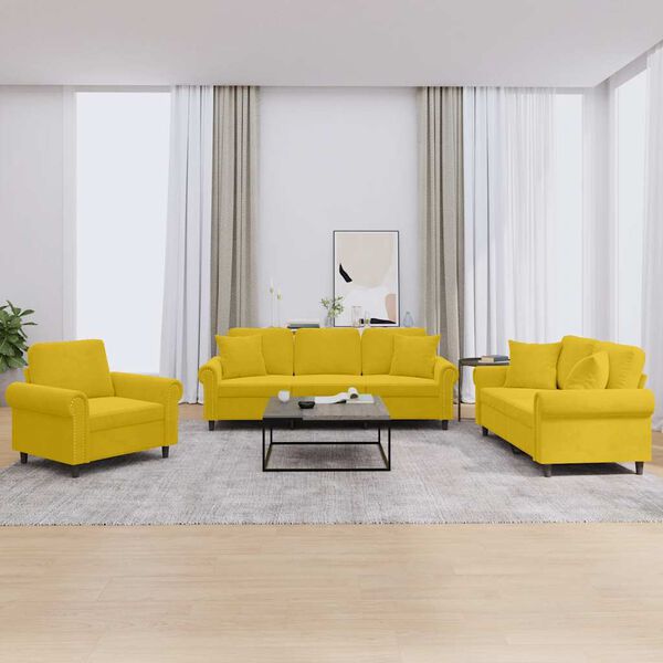 vidaXL Sofos komplektas su pagalvėmis, 3 dalių, geltonas, aksomas