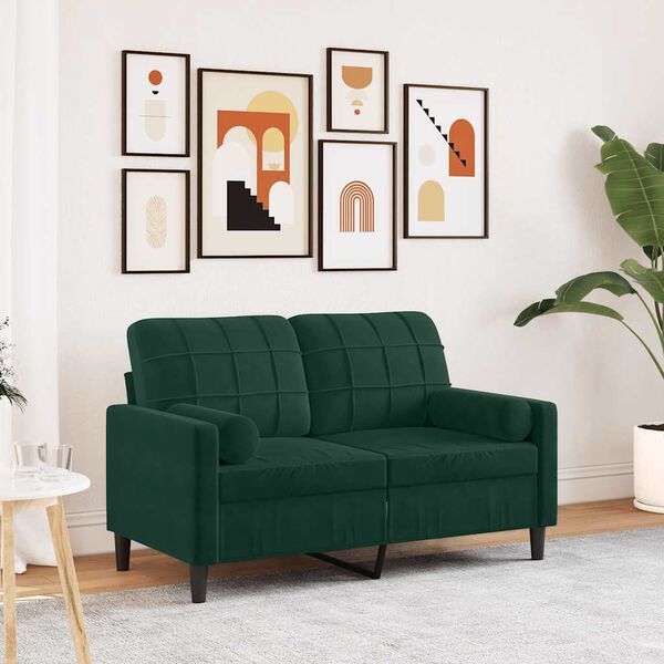 vidaXL Dvivietė sofa su pagalvėlėmis, tamsiai žalia, 120cm, aksomas