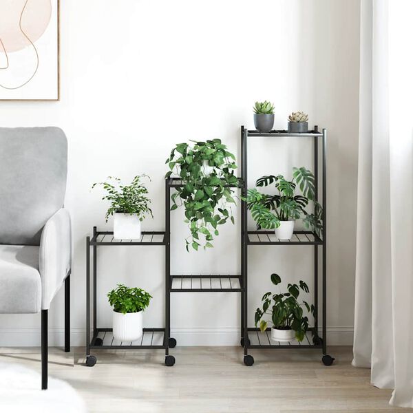 vidaXL Gėlių stovas su ratukais, juodas, 83x25x83,5cm, geležis