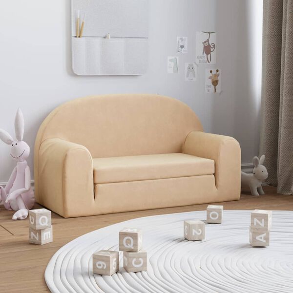 vidaXL Dvivietė vaiki&scaron;ka sofa-lova, kreminės spalvos, mink&scaron;tas pliu&scaron;as