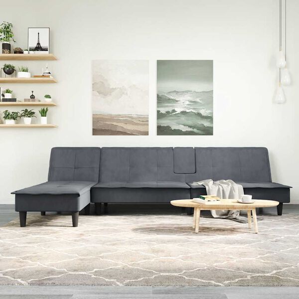 vidaXL L formos sofa-lova, tamsiai pilka, 255x140x70cm, aksomas