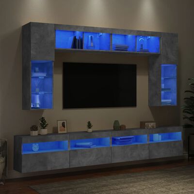 vidaXL Sieninės TV spintelės su LED lemputėmis, 8vnt., betono pilkos