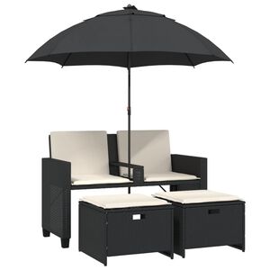 vidaXL Dvivietė sodo sofa su skėčiu/taburetėmis, juoda, poliratanas