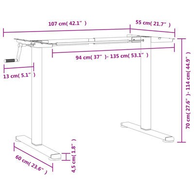 vidaXL Rašomojo stalo rėmas, baltas, (94–135)x60x(70–114)cm, plienas