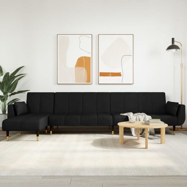vidaXL L formos sofa-lova, juodos spalvos, 275x140x70cm, aksomas