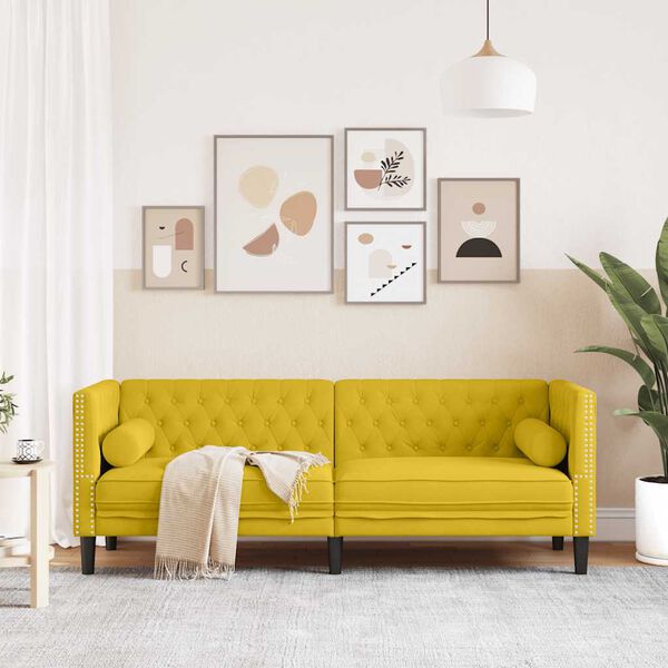 vidaXL Trivietė chesterfield sofa su pagalvėlėmis, geltona, aksomas