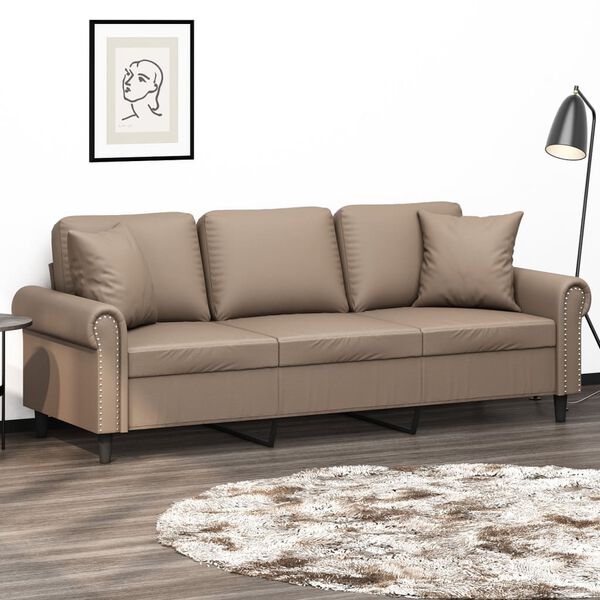 vidaXL Trivietė sofa su pagalvėmis, kapučino, 180cm, dirbtinė oda