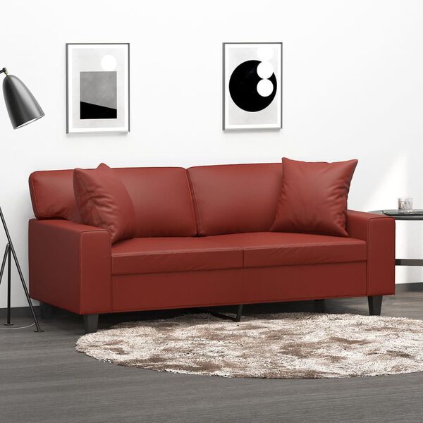 vidaXL Dvivietė sofa su pagalvėmis, vyno, 140cm, dirbtinė oda