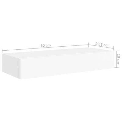 vidaXL Sieninė lentyna su stalčiumi, baltos spalvos, 60x23,5x10cm, MDF