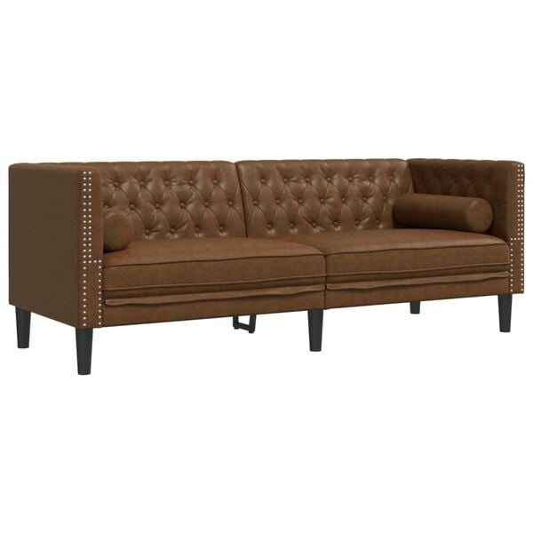 vidaXL Trivietė chesterfield sofa su pagalvėlėmis, ruda, dirbtinė oda