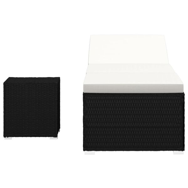 vidaXL Saulės gultas su čiužinuku ir arbatos staliuku, juodas, ratanas