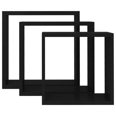 vidaXL Sieninės lentynos, 3vnt., juodos spalvos, MDF, kubo formos
