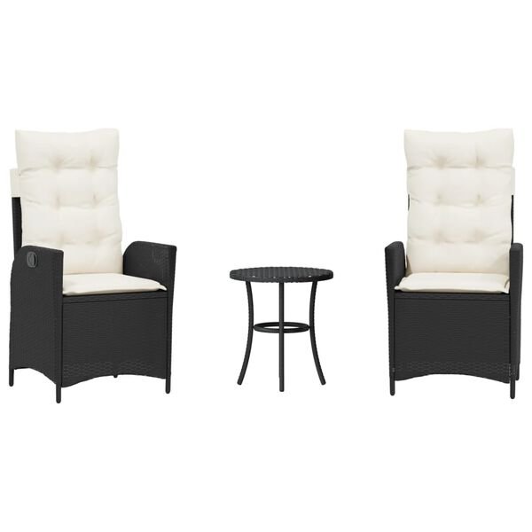 vidaXL Bistro komplektas su pagalvėlėmis, 3 dalių, juodas, poliratanas