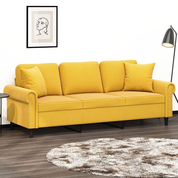 vidaXL Trivietė sofa su pagalvėmis, &scaron;viesiai geltona, 180cm, aksomas