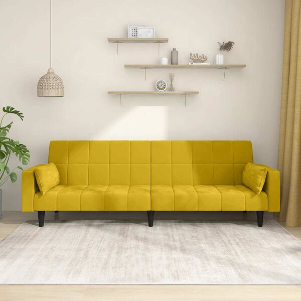 vidaXL Dvivietė sofa-lova su dvejomis pagalvėmis, geltona, aksomas