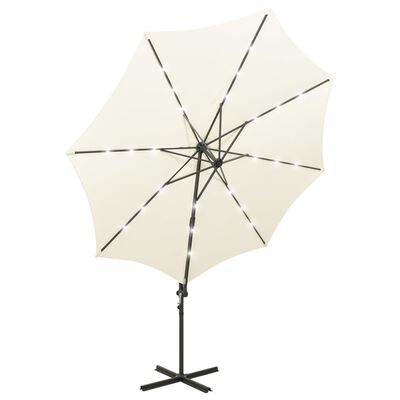 vidaXL Gembinis skėtis su stulpu ir LED lemputėmis, smėlio, 300cm