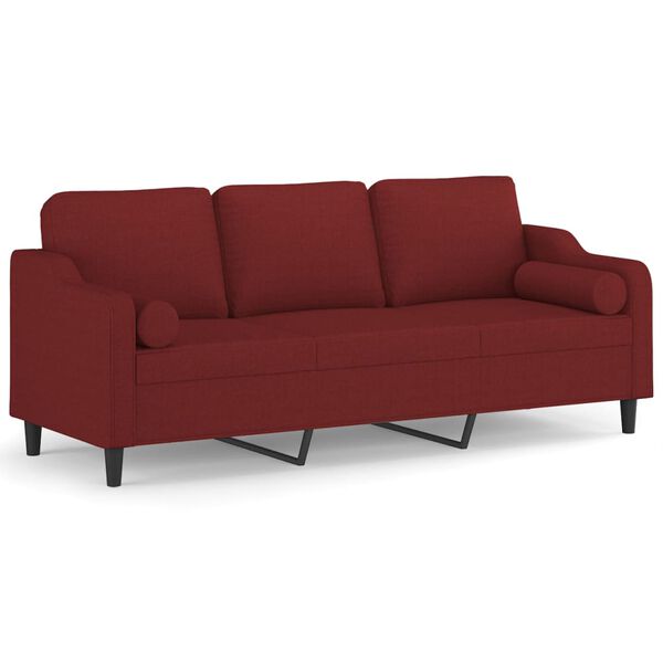 vidaXL Trivietė sofa su pagalvėmis, raudonojo vyno, 210cm, audinys