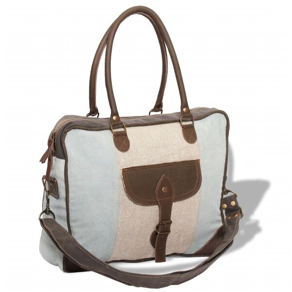 vidaXL Krepšys su ilgu dirželiu, drobė ir tikra oda, mėl. ir krem. sp.