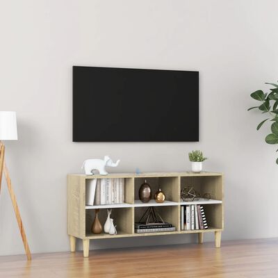 vidaXL TV spintelė su medinėmis kojelėmis, balta/ąžuolo, 103,5x30x50cm