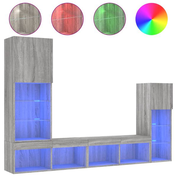 vidaXL Sieninė TV sekcija su LED, 4 dalių, pilka ąžuolo, mediena