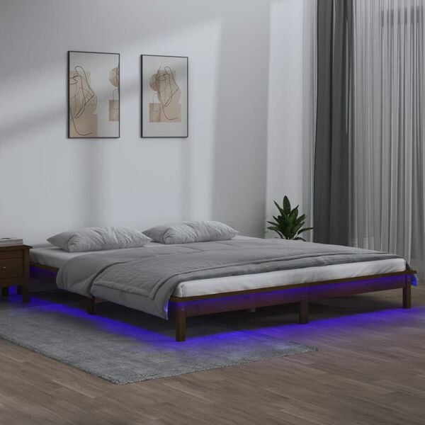 vidaXL Lovos rėmas su LED, medaus rudas, 140x190cm, medienos masyvas