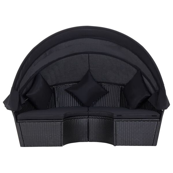 vidaXL Lauko poilsio gultas su stogeliu, juodos spalvos, poliratanas