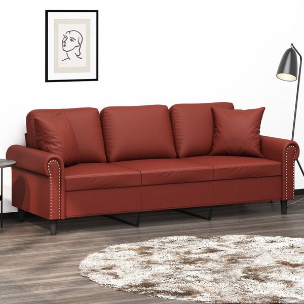 vidaXL Trivietė sofa su pagalvėmis, vyno, 180cm, dirbtinė oda