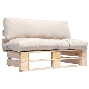 vidaXL Sodo sofa i&scaron; palečių su smėlio pagalvėlėmis, pu&scaron;ies mediena