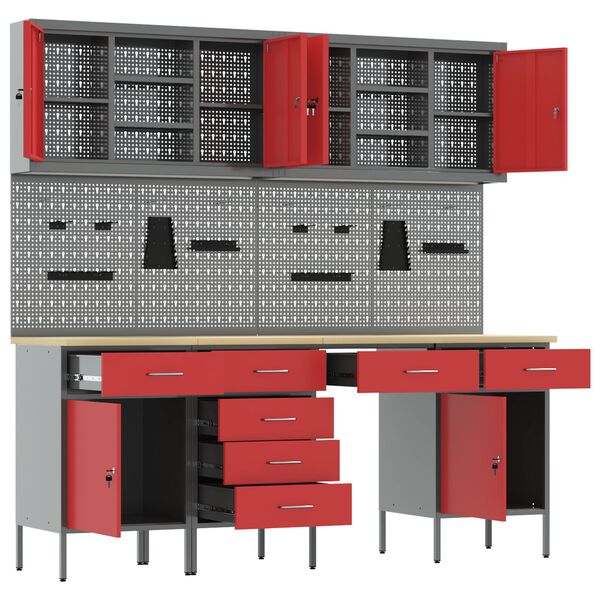 vidaXL Darbastalis su stalčių su saugykla su užraktu Raudona Plienas