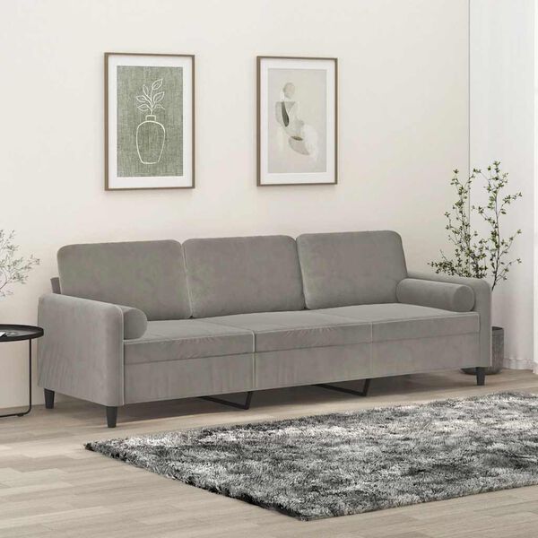 vidaXL Trivietė sofa su pagalvėmis, &scaron;viesiai pilka, 210cm, aksomas