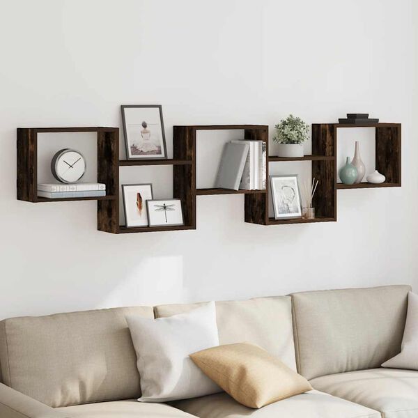 vidaXL Sieninė lentyna, 5 skyrių, dūminio ąžuolo, mediena, kubo formos