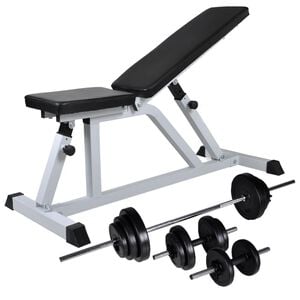 vidaXL Treniruočių suoliukas su &scaron;tanga ir hantelių rinkiniu, 30,5kg