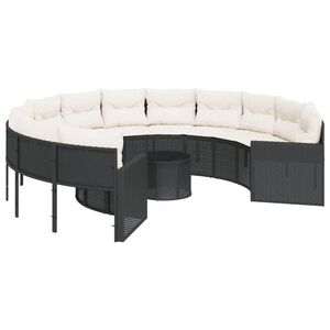 vidaXL Sodo sofa su stalu/pagalvėlėmis, juoda, poliratanas, apvali