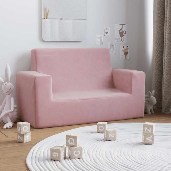 vidaXL Dvivietė vaikiška sofa, rožinės spalvos, minkštas pliušas