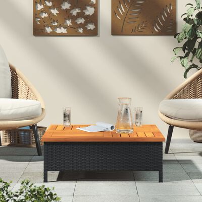 vidaXL Sodo stalas, juodas, 70x70x25cm, ratanas ir akacijos mediena