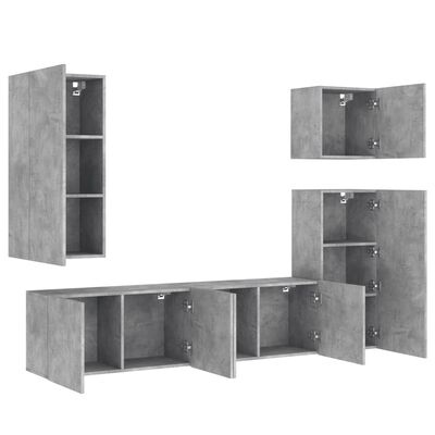 vidaXL Sieninė TV sekcija, 5 dalių, betono pilka, apdirbta mediena