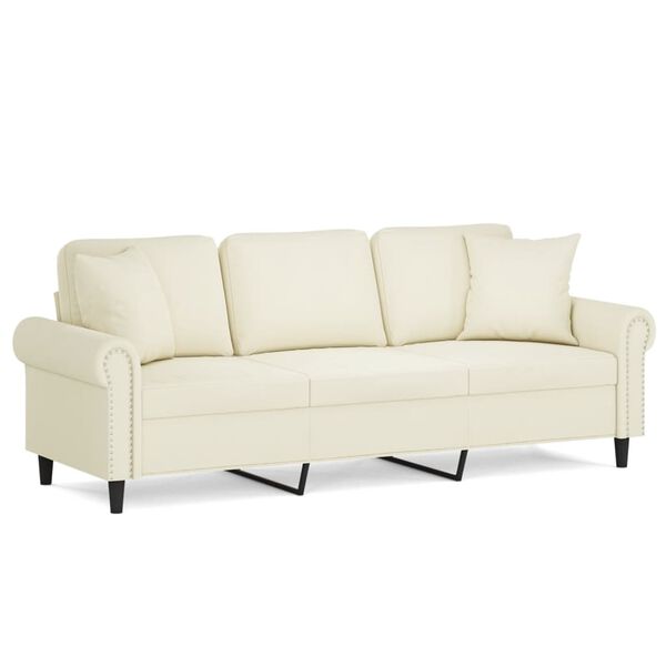 vidaXL Trivietė sofa su pagalvėlėmis, kreminės spalvos, 180cm, aksomas