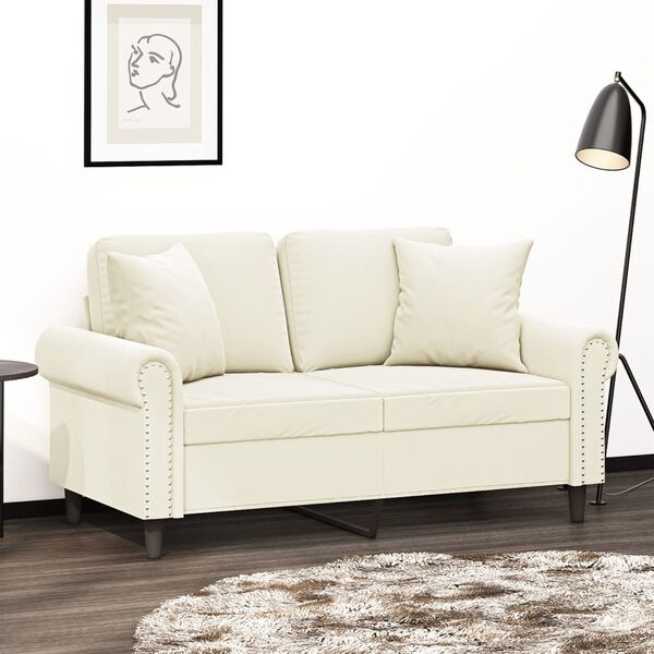 vidaXL Dvivietė sofa su pagalvėlėmis, kreminės spalvos, 120cm, aksomas