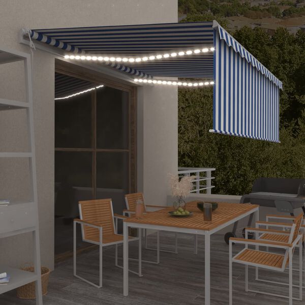 vidaXL Markizė su uždanga/LED/vėjo jutikliu, mėlyna/balta, 4,5x3m
