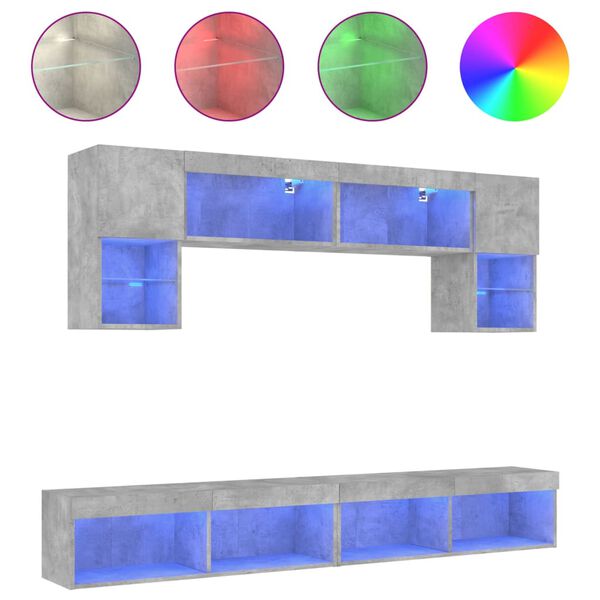 vidaXL Sieninė TV sekcija su LED, 6 dalių, betono, apdirbta mediena