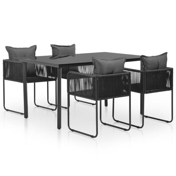 vidaXL Lauko valgomojo baldų kompl. su pagalv., 5d., juod., polirat.