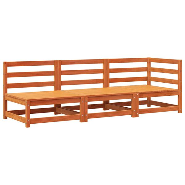 vidaXL Trivietė sodo sofa, vaško ruda, pušies medienos masyvas