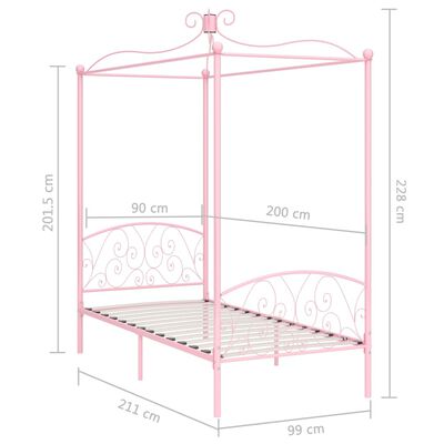 vidaXL Lovos rėmas su baldakimu, rožinės spalvos, 90x200cm, metalas