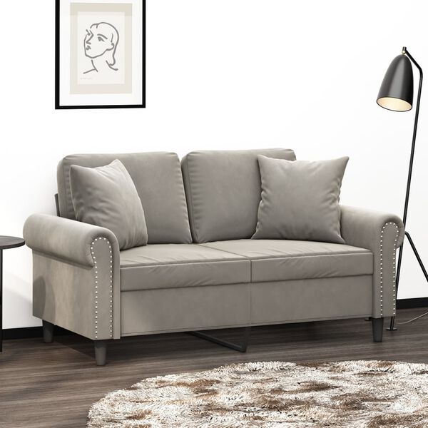vidaXL Dvivietė sofa su pagalvėmis, &scaron;viesiai pilka, 120cm, aksomas