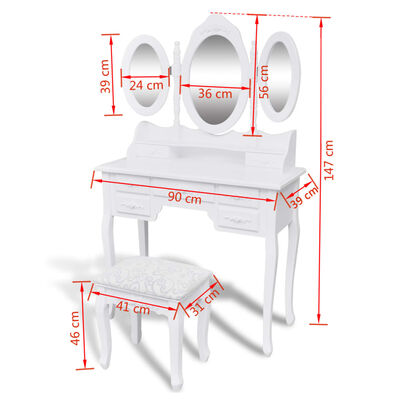 vidaXL Kosmetinis staliukas su kėdute ir 3 veidrodžiais, baltas
