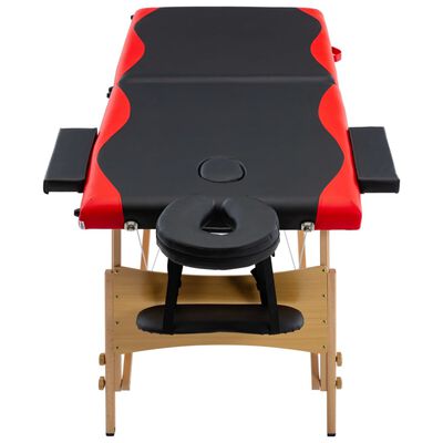 vidaXL Sulankstomas masažo stalas, juodas ir raudonas, mediena, 2 zonų