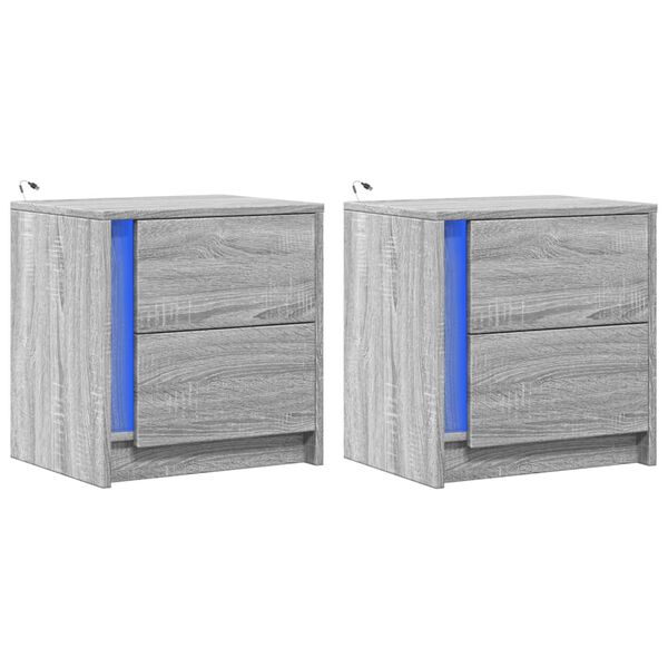 vidaXL Naktinės spintelės su LED lemputėmis, 2vnt., pilkos, mediena